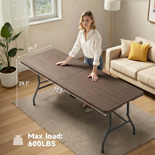 Folding Table 6 Foot, HDPE Wood Grain Pattern, Heavy Duty 600 lbs Capacity, Sturdy Design with Safety Lock, alternate view 2