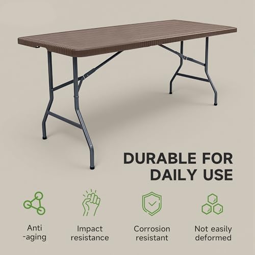 Folding Table 6 Foot, HDPE Wood Grain Pattern, Heavy Duty 600 lbs Capacity, Sturdy Design with Safety Lock, alternate view 4