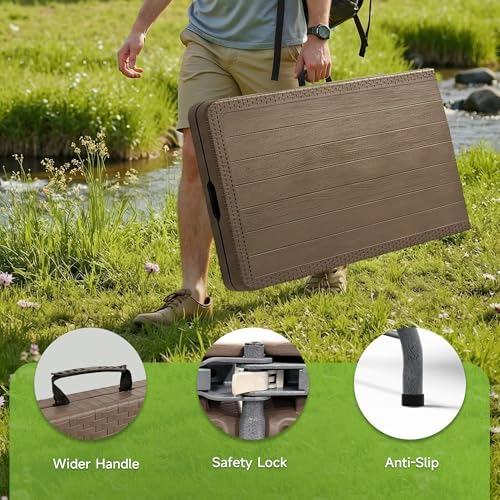 Folding Table 6 Foot, HDPE Wood Grain Pattern, Heavy Duty 600 lbs Capacity, Sturdy Design with Safety Lock, alternate view 5