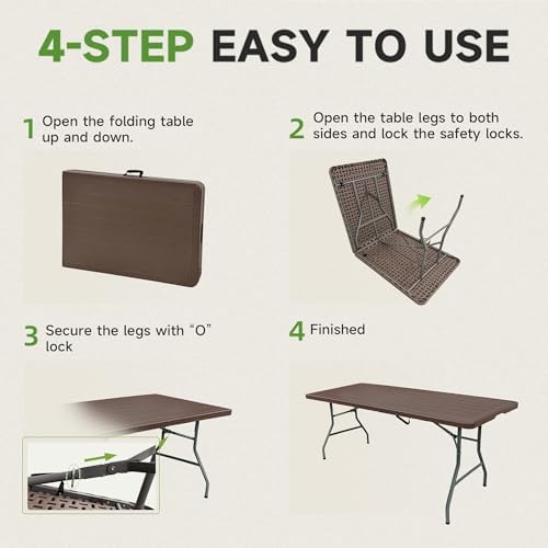 Folding Table 6 Foot, HDPE Wood Grain Pattern, Heavy Duty 600 lbs Capacity, Sturdy Design with Safety Lock, alternate view 7