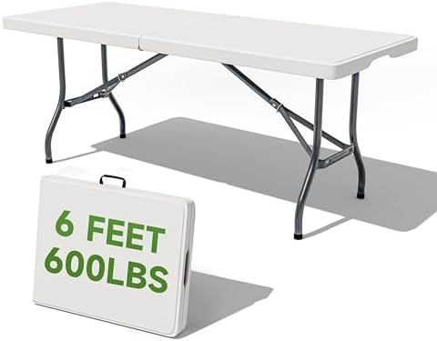 Folding Table 6 Foot - Heavy Duty 600LBS Capacity, Sturdy & Foldable Design with Safety Lock - Portable Tables