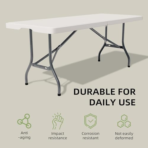 Folding Table 6 Foot - Heavy Duty 600LBS Capacity, Sturdy & Foldable Design with Safety Lock - Portable Tables, alternate