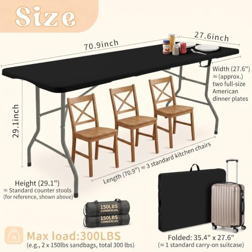 Folding Table 6 FT Lightweight Camping Table Black Portable Plastic Rectangular Outdoor Dining Table Steel Legs, alternate