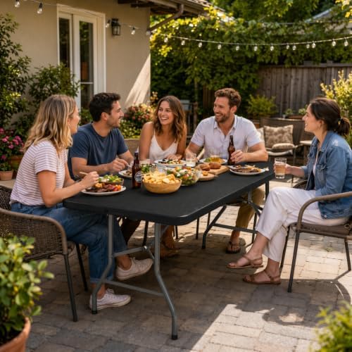 Folding Table 6 FT Lightweight Camping Table Black Portable Plastic Rectangular Outdoor Dining Table Steel Legs, alternate