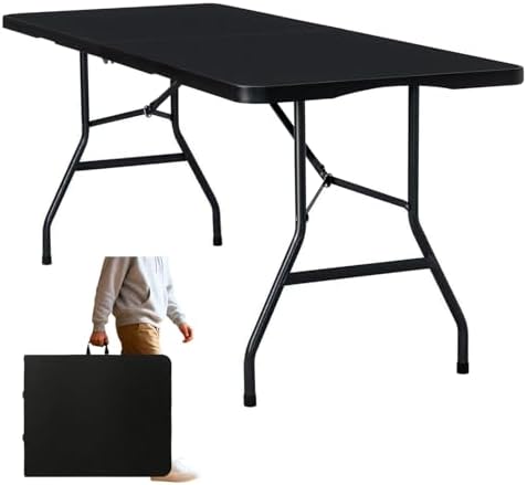 Folding Table 6ft, Foldable Table with Built in Handle & Steel Legs, Smooth HDPE Tabletop, Heavy Duty Folding