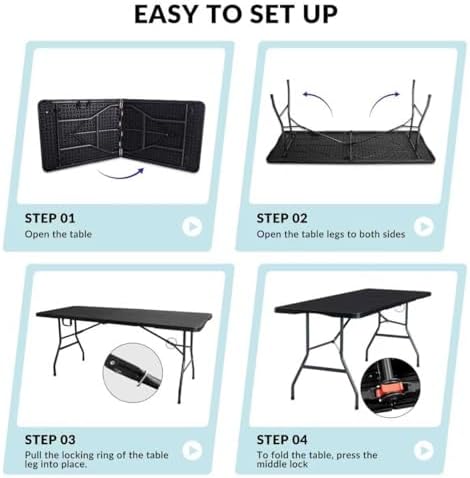 Folding Table 6ft, Foldable Table with Built in Handle & Steel Legs, Smooth HDPE Tabletop, Heavy Duty Folding, alternate view