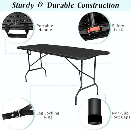 Folding Table 6ft, Foldable Table with Built in Handle & Steel Legs, Smooth HDPE Tabletop, Heavy Duty Folding, alternate view