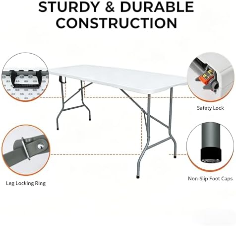 Folding Table 6ft, Foldable Table with Built in Handle & Steel Legs, Smooth HDPE Tabletop, Heavy Duty Folding, alternate view