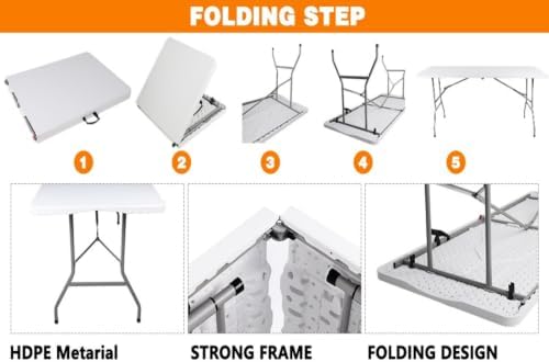 Folding Table 6ft, Foldable Table with Built in Handle & Steel Legs, Smooth HDPE Tabletop, Heavy Duty Folding, alternate view