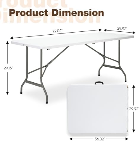 Folding Table 6ft, Heavy-Duty 500lbs Weight Capacity Foldable Table with HDPE Top & Steel Legs, Portable 6 Foot, alternate