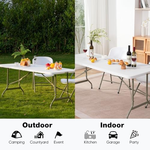 Folding Table 6ft, Heavy-Duty 500lbs Weight Capacity Foldable Table with HDPE Top & Steel Legs, Portable 6 Foot, alternate