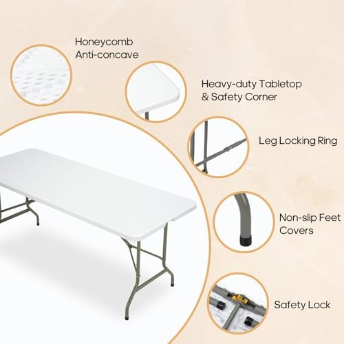 Folding Table 6ft, Heavy-Duty 500lbs Weight Capacity Foldable Table with HDPE Top & Steel Legs, Portable 6 Foot, alternate