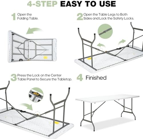 Folding Table 6ft, Heavy-Duty 500lbs Weight Capacity Foldable Table with HDPE Top & Steel Legs, Portable 6 Foot, alternate