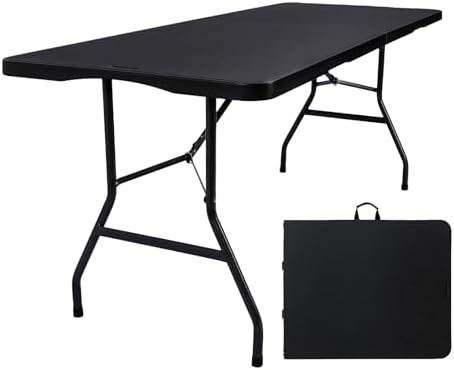 Folding Table 6ft, Heavy Duty Plastic Fold-in-Half Utility Table, Black in Black