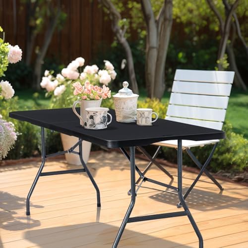Folding Table 6ft, Heavy Duty Plastic Fold-in-Half Utility Table, Black in Black, alternate view 2