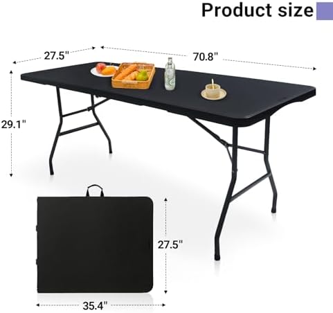 Folding Table 6ft, Heavy Duty Plastic Fold-in-Half Utility Table, Black in Black, alternate view 3