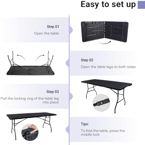 Folding Table 6ft, Heavy Duty Plastic Fold-in-Half Utility Table, Black in Black, alternate view 6