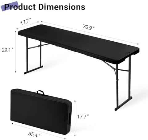 Folding Table 6FT Narrow Portable Plastic Heavy Duty Table, Black in Black, alternate view 3