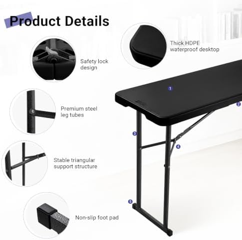 Folding Table 6FT Narrow Portable Plastic Heavy Duty Table, Black in Black, alternate view 4