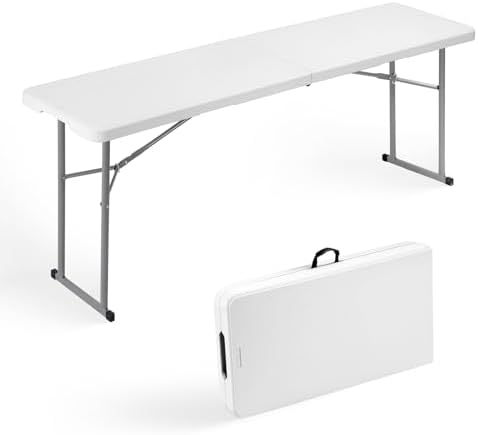 Folding Table 6FT Narrow Portable Plastic Heavy Duty Table, White in White