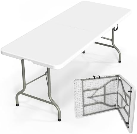 Folding Table 6ft, Portable Collapsible Plastic White Long Tables for Party, Camping, Banquet, Craft, Dining