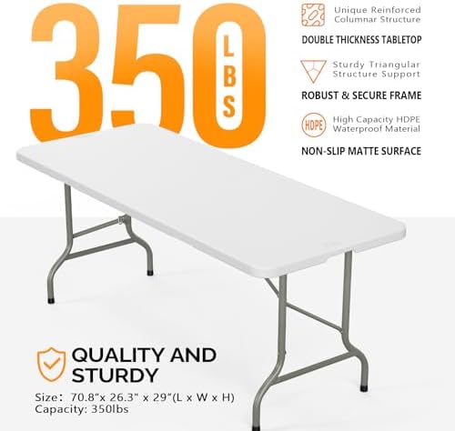 Folding Table 6ft, Portable Collapsible Plastic White Long Tables for Party, Camping, Banquet, Craft, Dining, alternate view