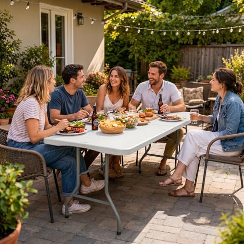 Folding Table 8 FT Camping Table Portable White Heavy Duty Plastic Rectangular Outdoor Dining Table Steel Legs, alternate