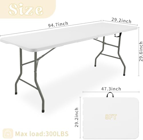 Folding Table 8 FT Camping Table Portable White Heavy Duty Plastic Rectangular Outdoor Dining Table Steel Legs, alternate