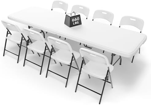 Folding Table and Folding Chairs Set for Camping, Party, Indoor & Outdoor Use (8 Chairs, White Table & Chairs