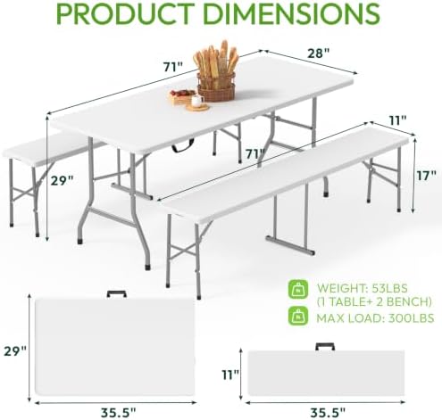 Folding Table Picnic Table Set with 2 Benches, 6 ft Camping Table Chair Set, alternate view 3