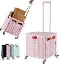 Folding Utility Cart Portable Rolling Crate Handcart Shopping Trolley Collapsible Tool Box, with Lid, Basket on