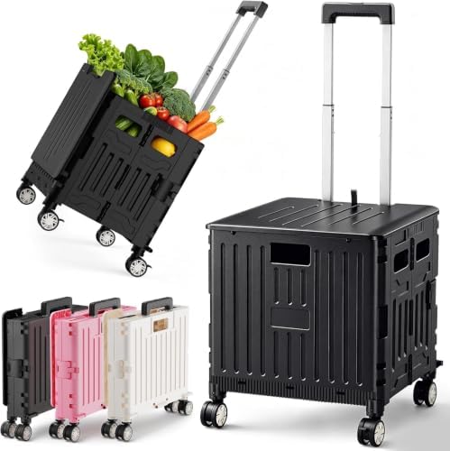 Folding Utility Cart Rolling Crate Handcart Shopping Trolley, Black in Black