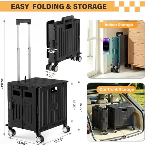 Folding Utility Cart Rolling Crate Handcart Shopping Trolley, Black in Black, alternate view 2