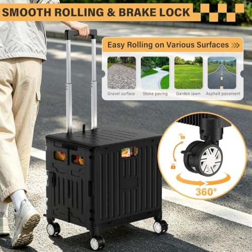 Folding Utility Cart Rolling Crate Handcart Shopping Trolley, Black in Black, alternate view 5