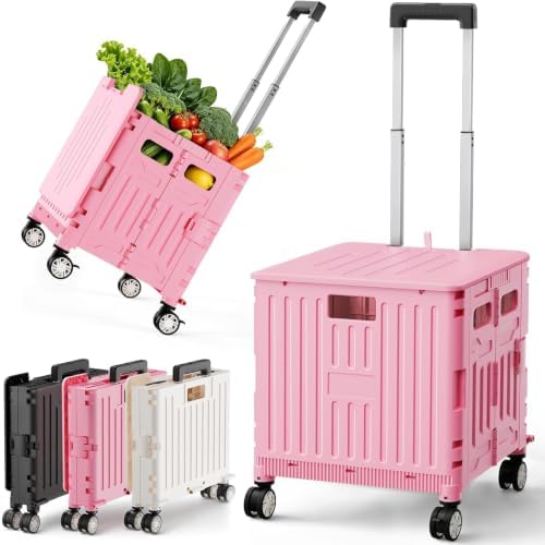 Folding Utility Cart Rolling Crate Handcart Shopping Trolley, Pink in Pink