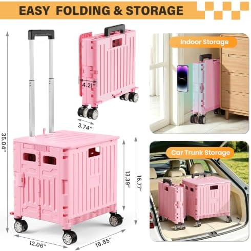 Folding Utility Cart Rolling Crate Handcart Shopping Trolley, Pink in Pink, alternate view 2
