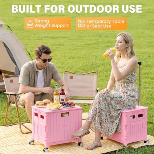 Folding Utility Cart Rolling Crate Handcart Shopping Trolley, Pink in Pink, alternate view 4
