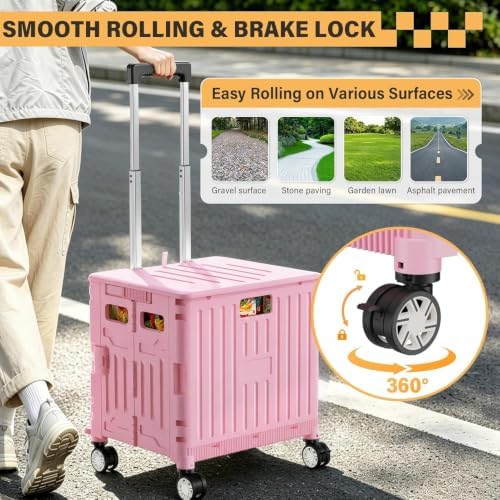 Folding Utility Cart Rolling Crate Handcart Shopping Trolley, Pink in Pink, alternate view 5