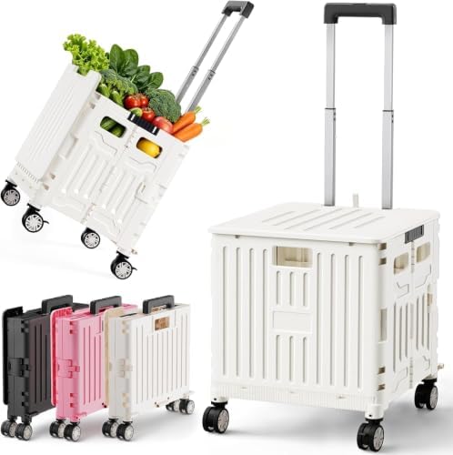 Folding Utility Cart Rolling Crate Handcart Shopping Trolley, White in White