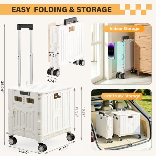 Folding Utility Cart Rolling Crate Handcart Shopping Trolley, White in White, alternate view 2