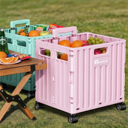 Folding Utility Cart with Lid, Portable Rolling Crate Handcart Collapsible Shopping Trolley, Durable Plastic, alternate view