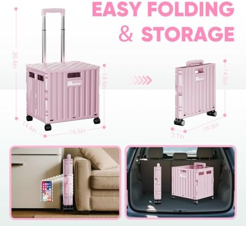 Folding Utility Cart with Lid, Portable Rolling Crate Handcart Collapsible Shopping Trolley, Durable Plastic, alternate view