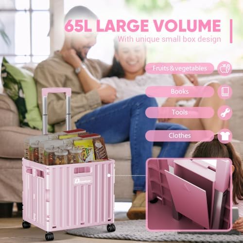 Folding Utility Cart with Lid, Portable Rolling Crate Handcart Collapsible Shopping Trolley, Durable Plastic, alternate view
