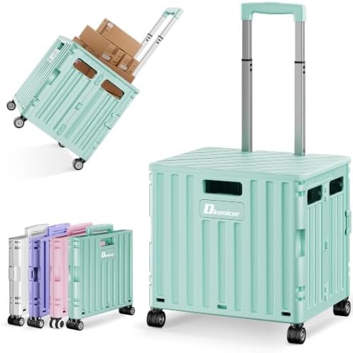 Folding Utility Cart with Lid, Portable Rolling Crate Handcart Collapsible Shopping Trolley, Durable Plastic