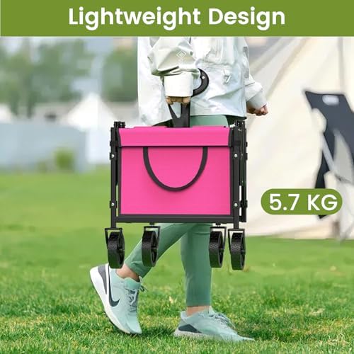 Folding Wagon Cart with Wheels, 220lbs Utility Wagon Cart, Pink in Pink, alternate view 3