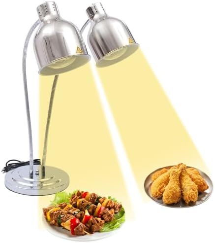 Food Heat Lamp Warmer Silver, 500W Double Bulbs Buffet Display Heating Preservation Light, Electric Portable