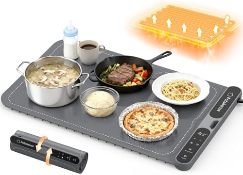 Food Warming Mat, 5s Fast Heating, Electric Warming Tray with 7 Temp 8 Timer Settings, Rollable & Portable Food