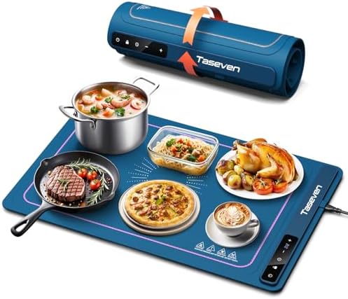 Food Warming Mat,7 Temp,4H Timer, Thermochromic Line, Kids Lock, Blue in Blue