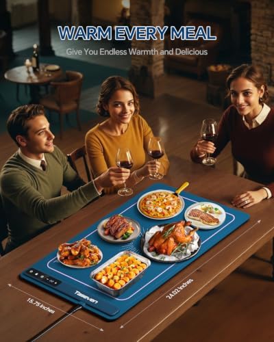 Food Warming Mat,7 Temp,4H Timer, Thermochromic Line, Kids Lock, Blue in Blue, alternate view 2