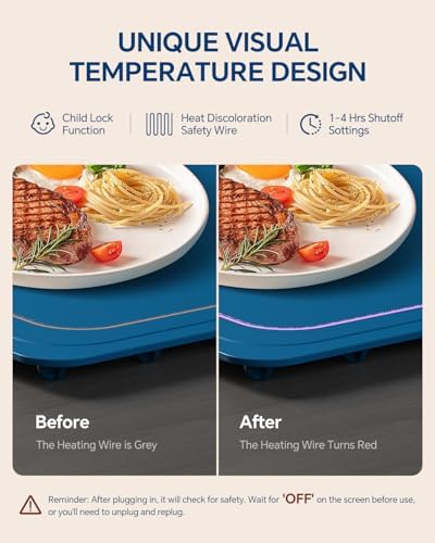 Food Warming Mat,7 Temp,4H Timer, Thermochromic Line, Kids Lock, Blue in Blue, alternate view 4
